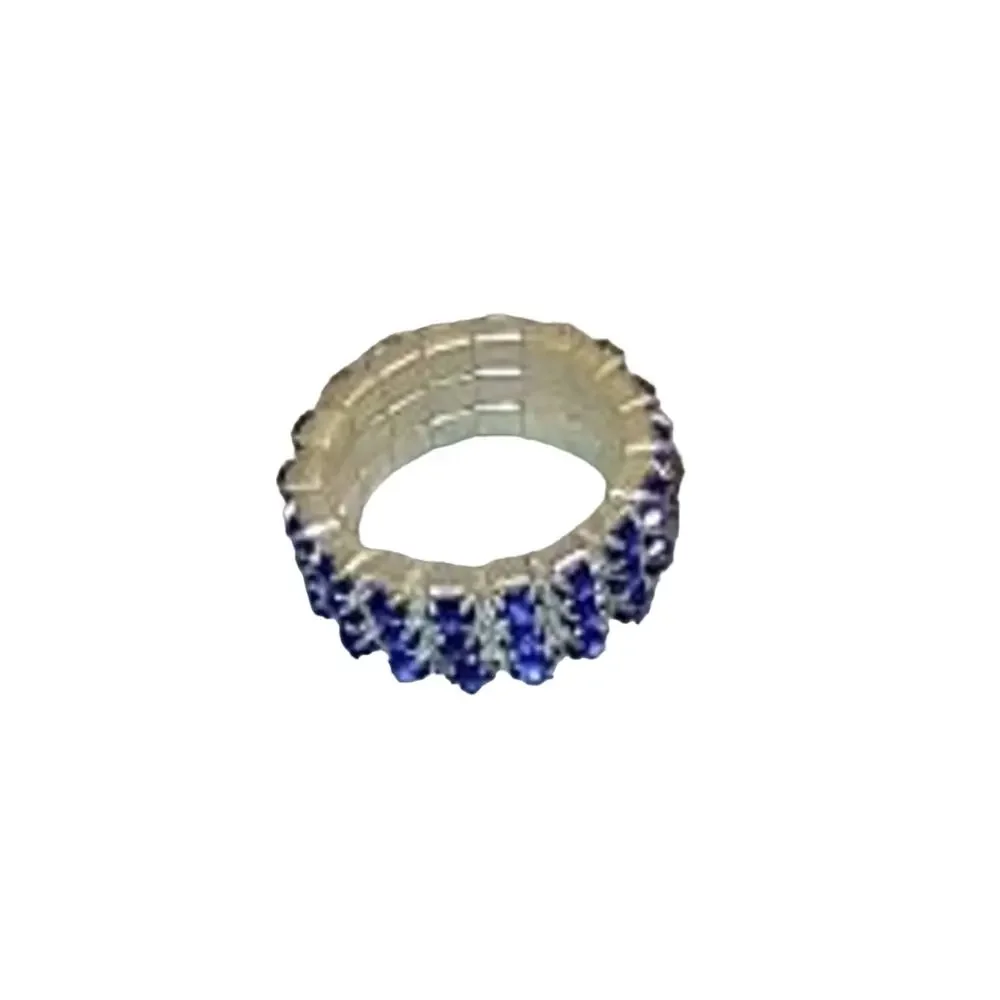 Blue Stretch Rhinestone Ring 3 Row Silver Tone